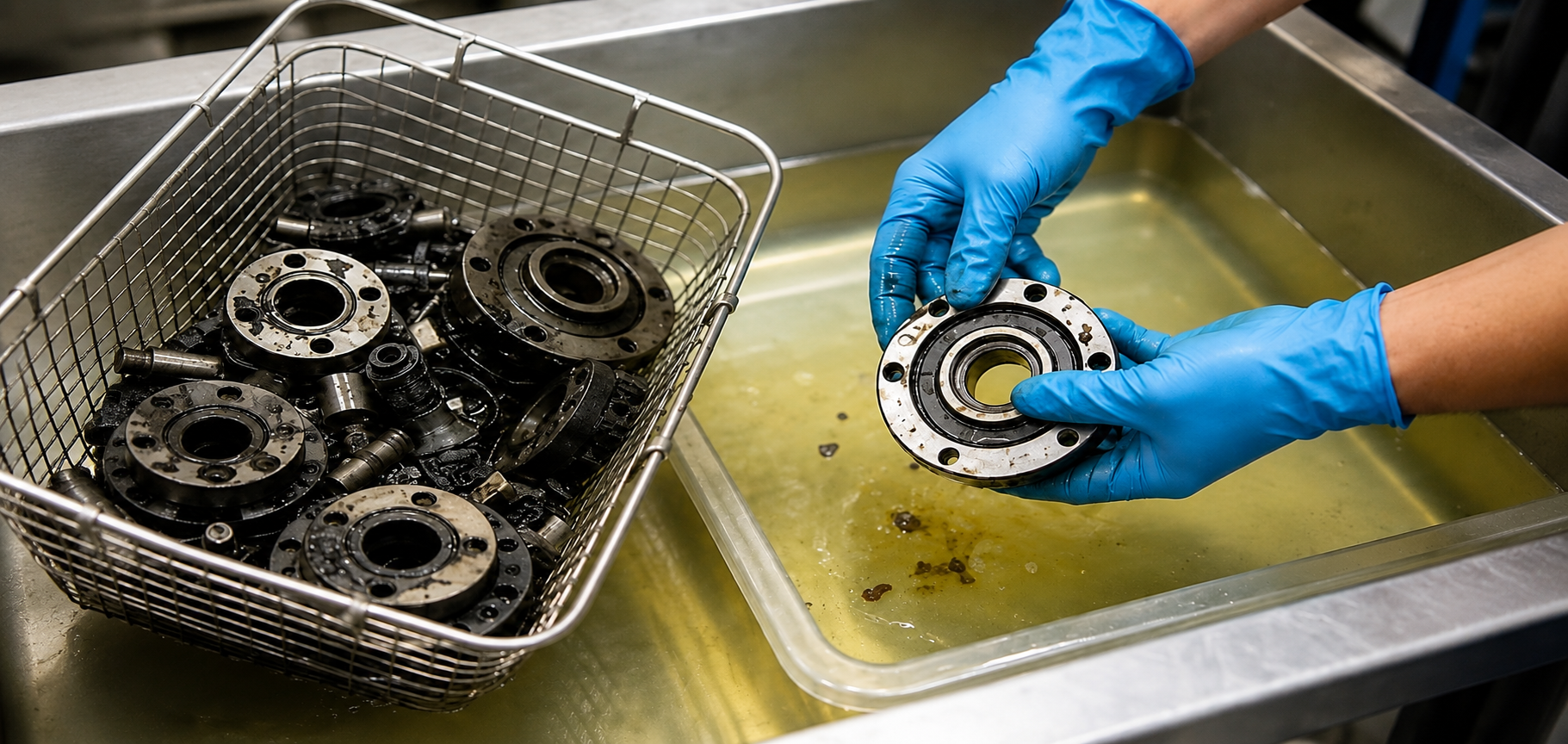 Gloved Hands Inspecting Oily Bearings

